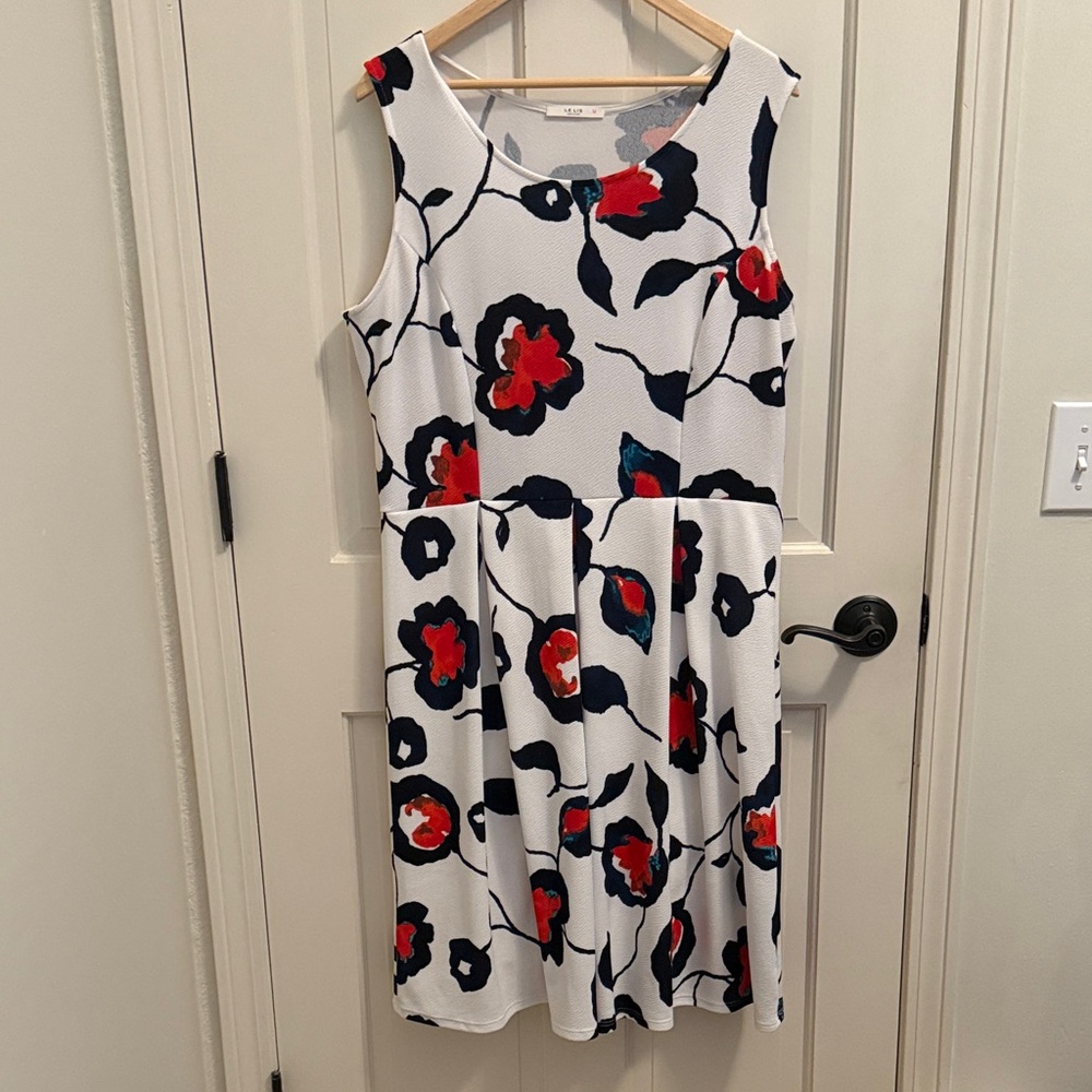 Le Lis White Midi Dress with Red and Black Floral Pattern